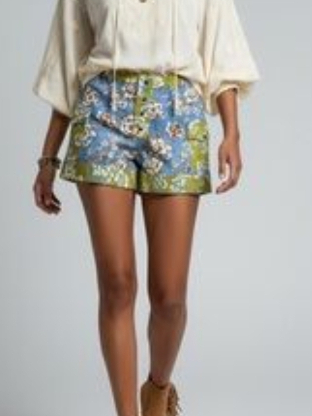 High-Waist Blue & Green Floral Women's Shorts
